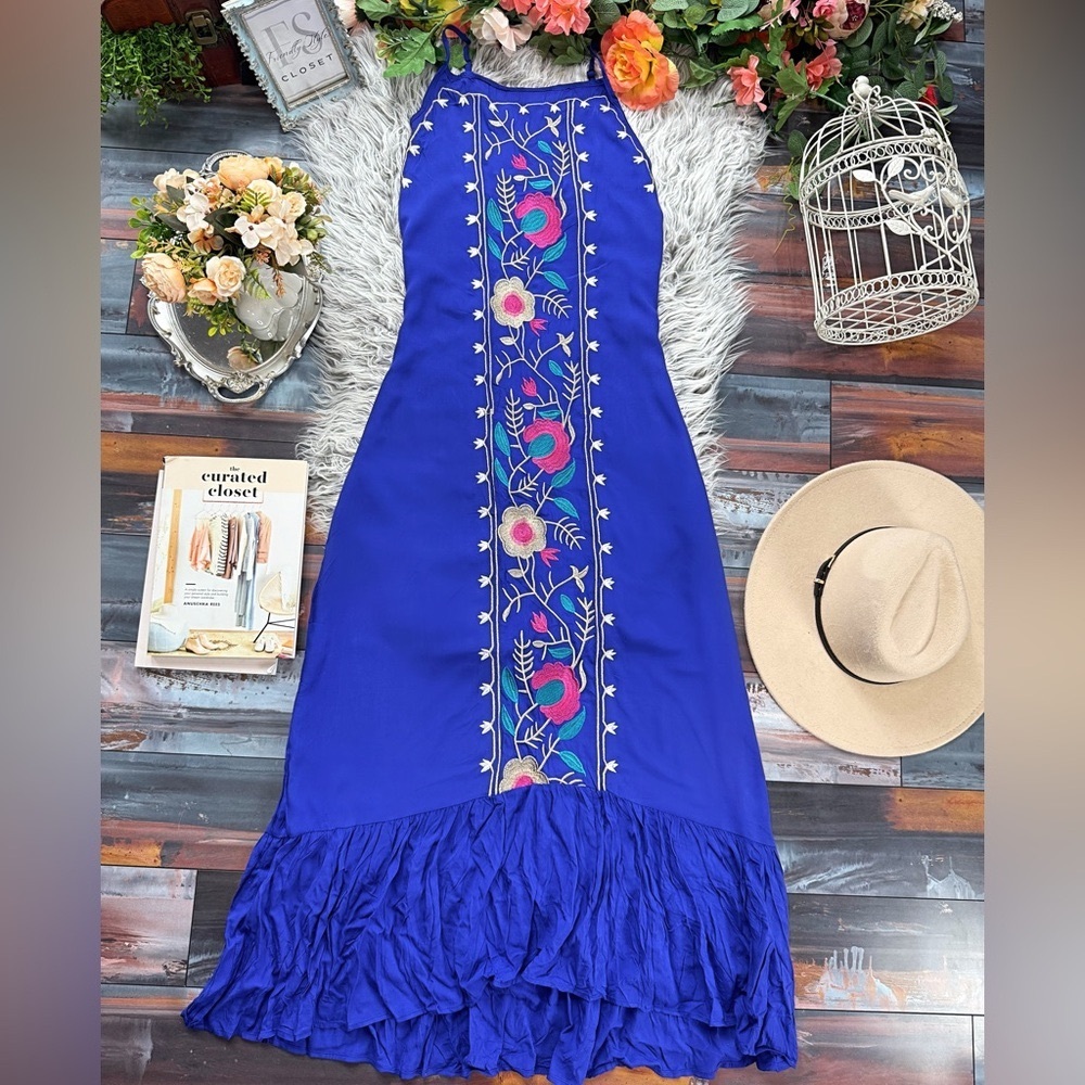 Blue Embroidered Boho Maxi Dress Cottagecore Festival Prairie Romantic Ethereal